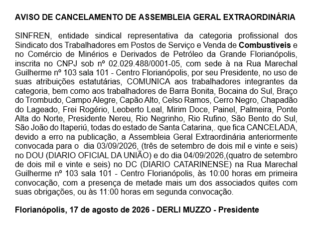 AVISO DE CANCELAMENTO DE ASSEMBLEIA GERAL EXTRAORDINÁRIA